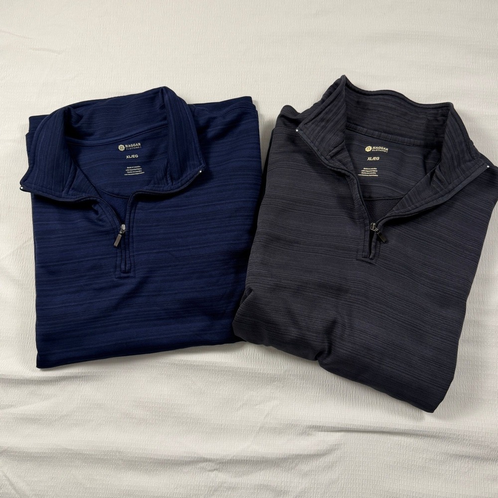 Lot 2 Haggar Mens XL Quarter Zip Blue & Charcoal Gray Space Dye Golfcore Dadcore